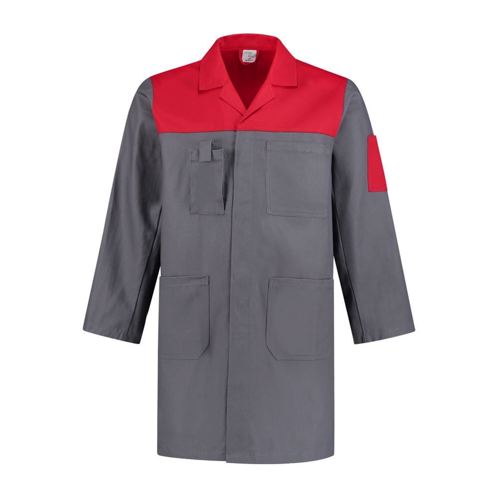 SJ1002KL Arbeitskittel 100% Baumwolle zweifarbig (grau/rot, S)