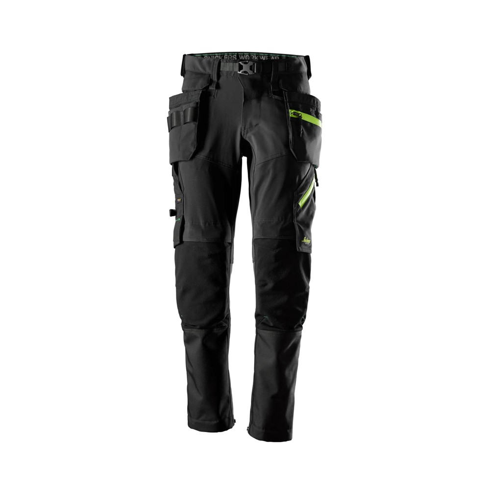 SNICKERS FlexiWork, Softshell-Stretchhose mit abnehmbaren Holstertaschen | 0467 schwarz/neongelb | 6940